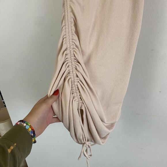 PRINCESS POLLY tan short sleeve ribbed ruched mini dress - Picture 5 of 5